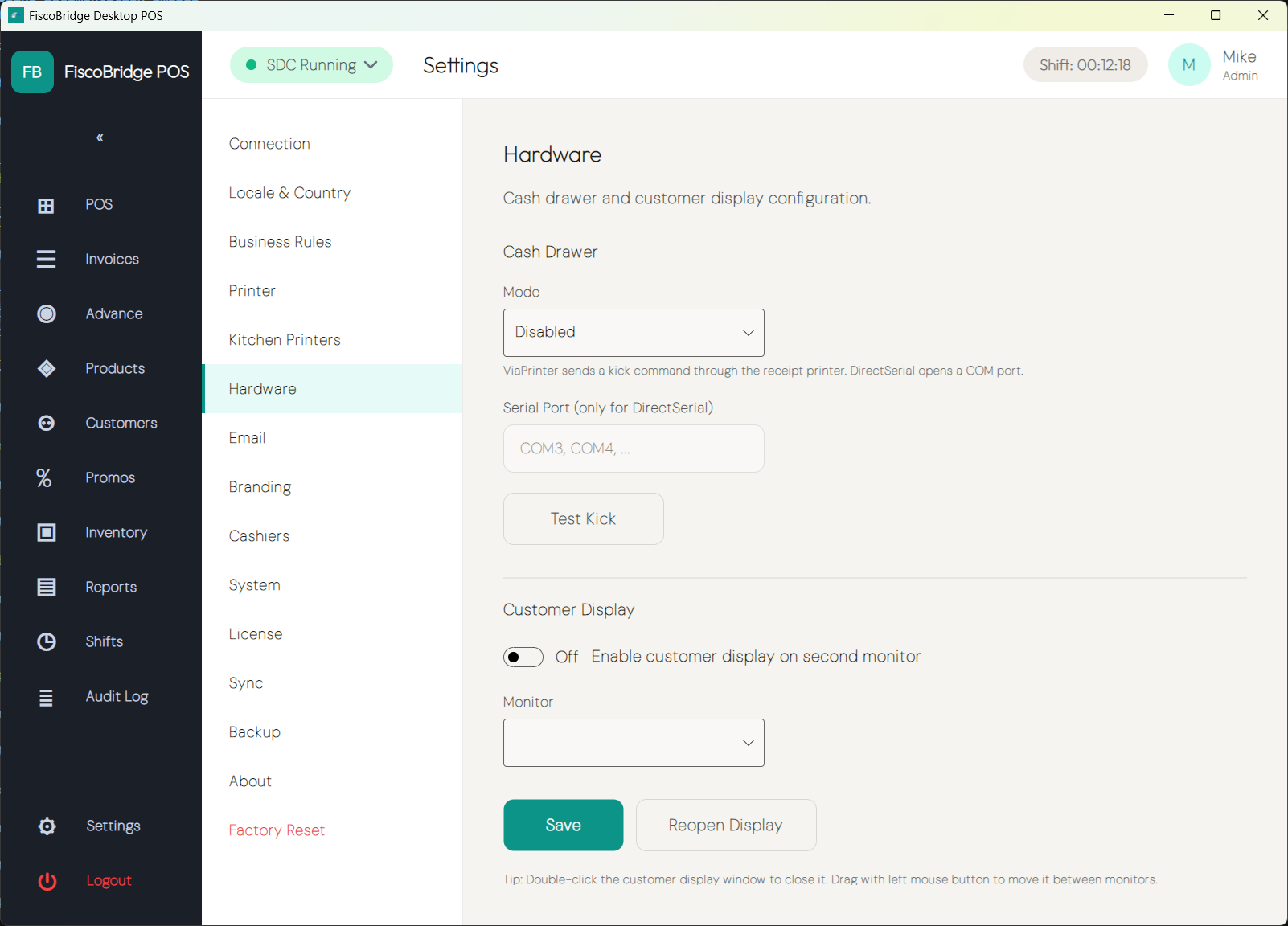 Hardware settings with cash drawer, customer display, and card terminal