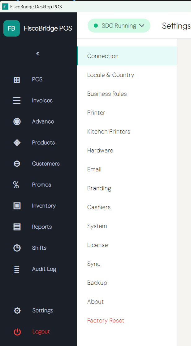 Settings screen with the section list