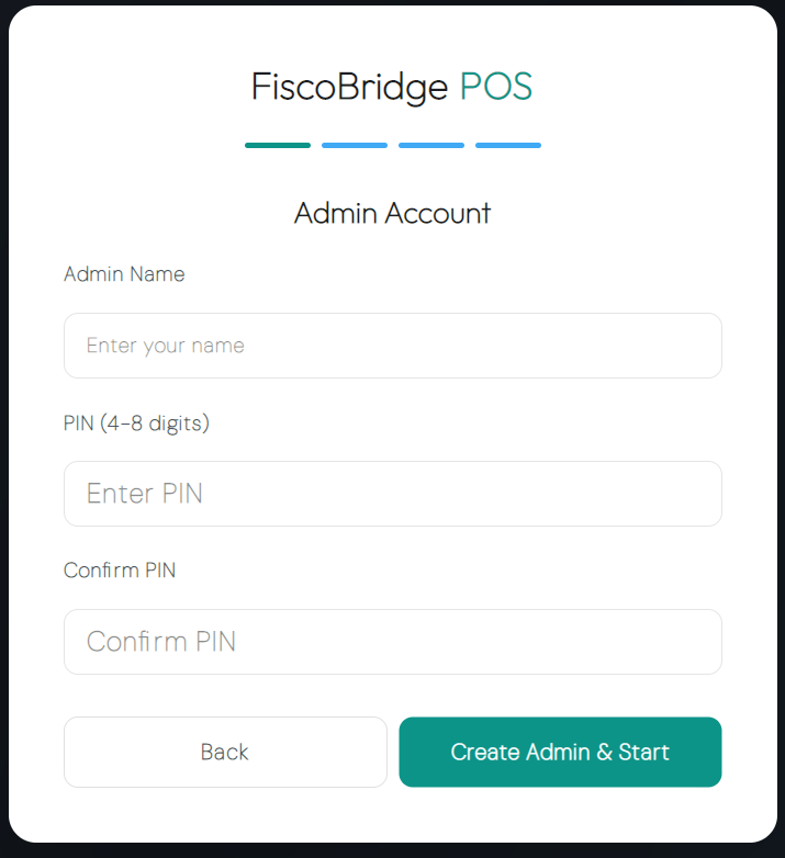 Creating the admin user with name and PIN in the setup wizard
