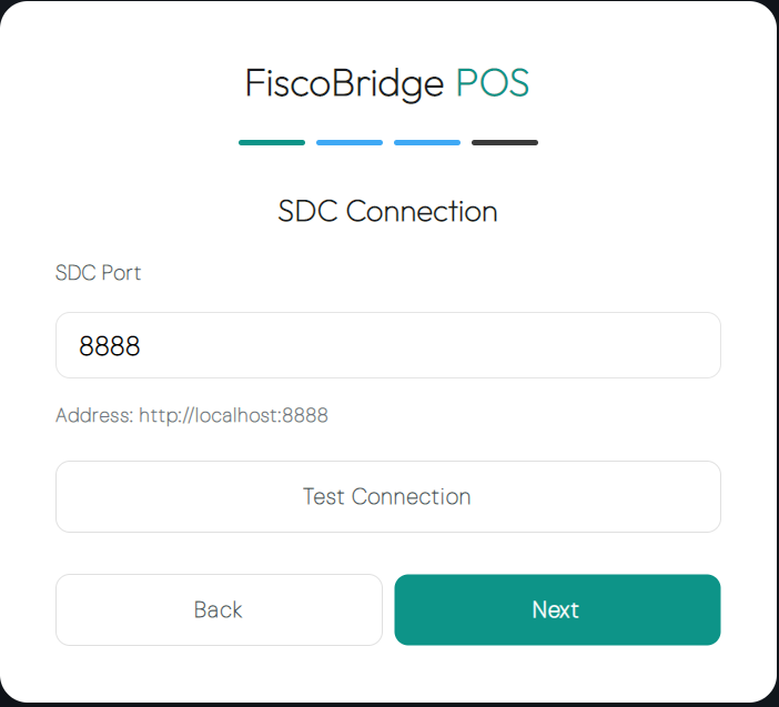 Manual setup step entering SDC host and port with a Test connection button