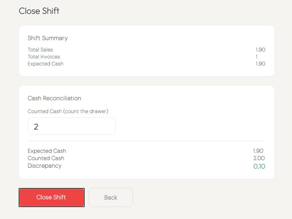 Close Shift dialog showing expected vs counted cash and the discrepancy