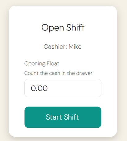 Open Shift dialog entering the opening cash float