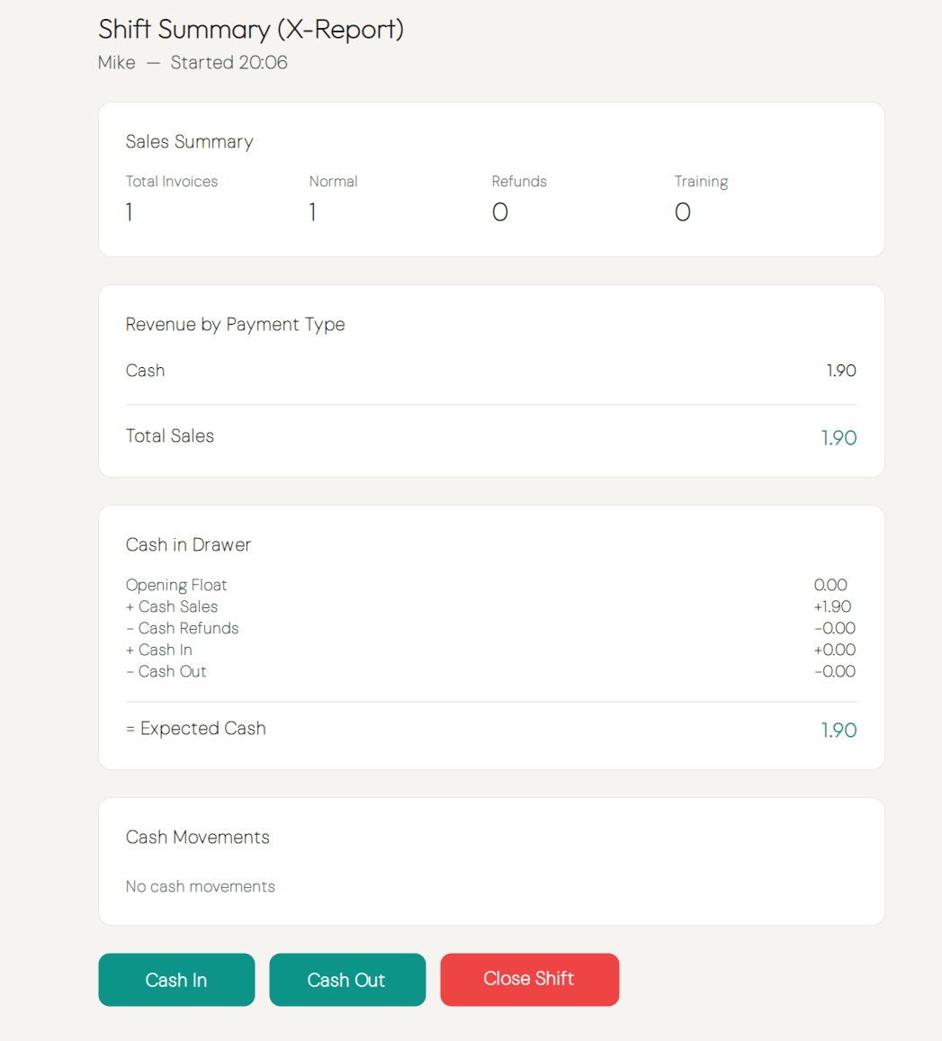 Shift summary showing invoice counts, sales totals, and payments by type
