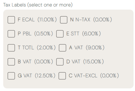 Tax labels shown with code, name, and rate, sourced from the SDC