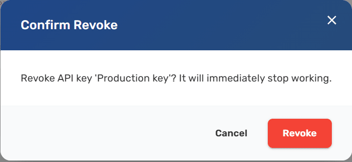 Revoke API Key confirmation dialog warning that the key will immediately stop working