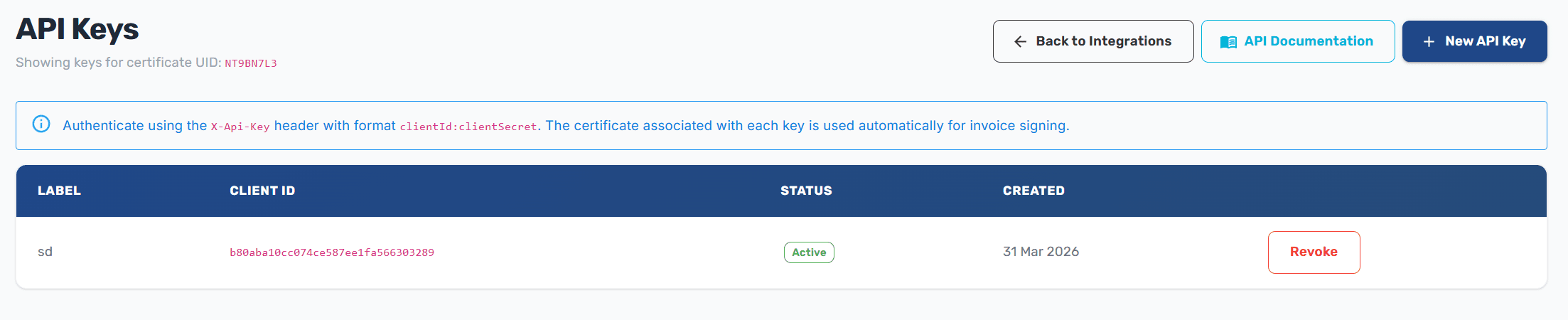 API Keys page showing the list of API keys with their labels, Client IDs, creation dates, and Revoke buttons