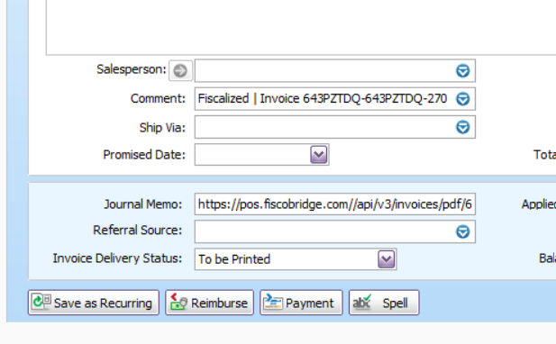 MYOB invoice showing the Fisco verification block in the Comment field and the receipt link in the Journal Memo field