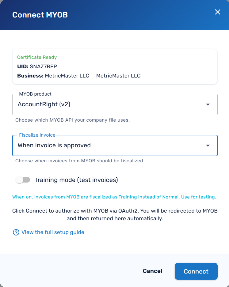 Connect MYOB dialog showing the certificate summary, MYOB product selector, fiscalization trigger, and training mode toggle