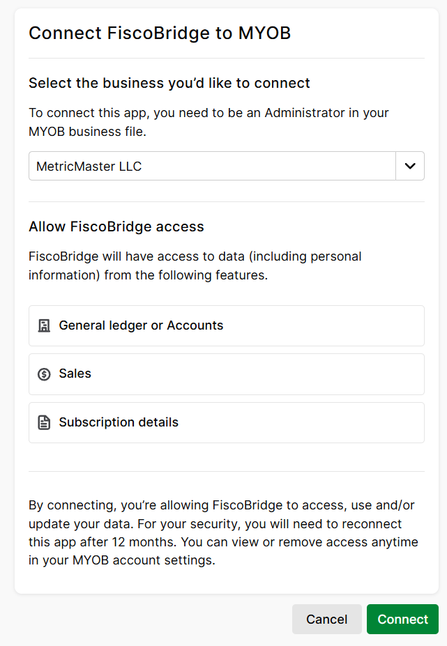 MYOB sign-in and authorization screen for granting FiscoBridge access to a company file