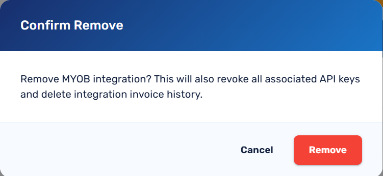 Remove integration confirmation dialog asking to confirm disconnecting the MYOB integration