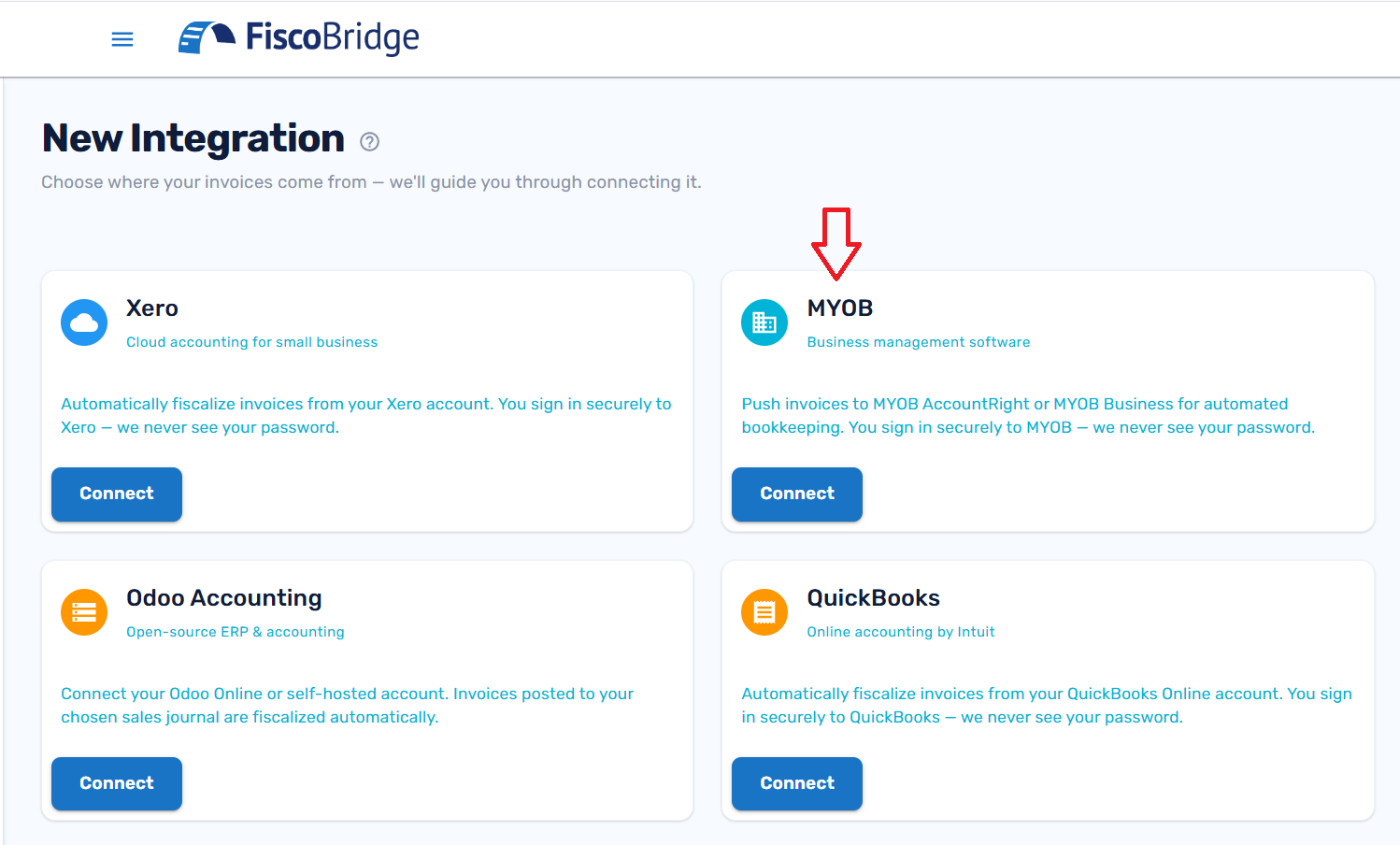 New Integration page showing platform cards with the MYOB card highlighted