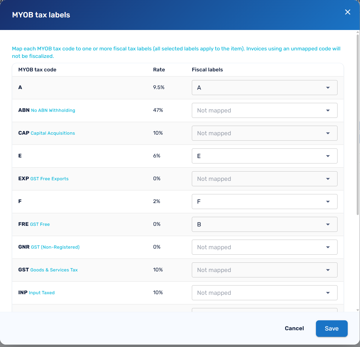 MYOB tax labels dialog listing each MYOB tax code with a fiscal tax label selector
