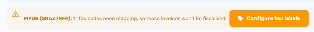 Integrations page showing a warning banner that MYOB tax codes need mapping, with a Configure tax labels button