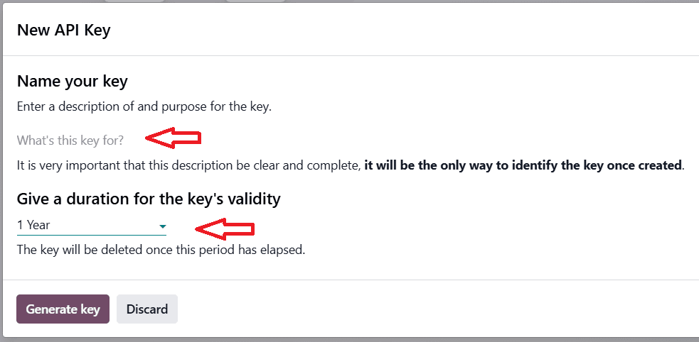 Odoo New API Key dialog showing the description, duration dropdown, and generate button