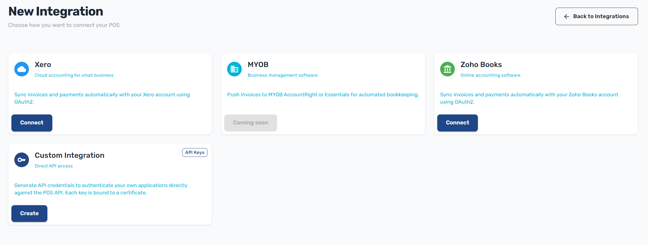 New Integration page showing the available platform cards: Xero, MYOB (coming soon), Zoho Books, and Custom Integration