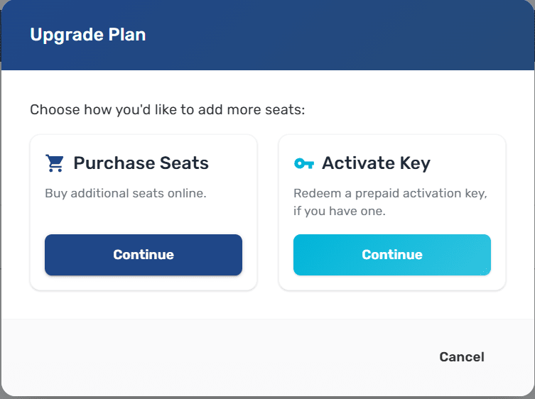 Upgrade Plan modal on the Integrations page showing the Purchase Seats and Activate Key cards side by side