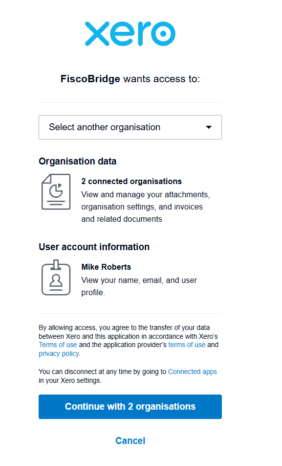 Xero authorization page asking to select an organization and allow FiscoBridge access