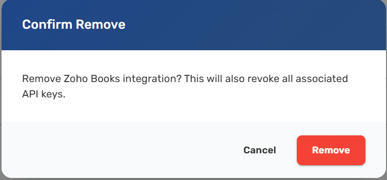 Remove integration confirmation dialog for the Zoho Books integration