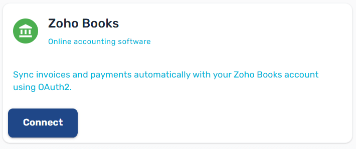 New Integration page with the Zoho Books card highlighted