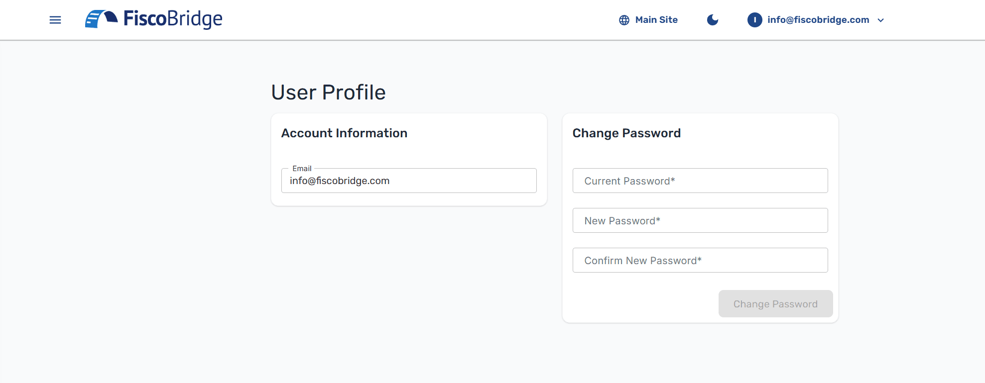 Profile page showing the user's email address and password change form