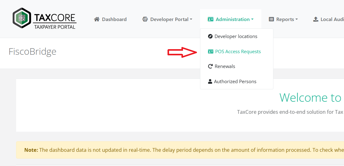 Administration menu expanded with the POS Access Requests item highlighted