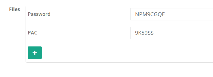 Files section with the plus icon, and the password and PAC fields filled in