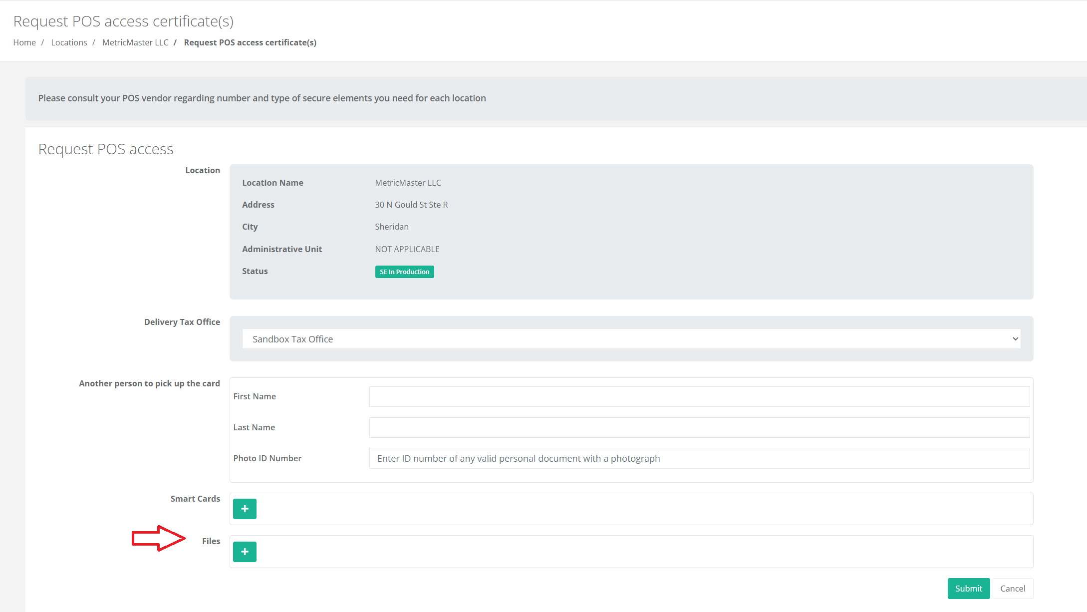 Request POS access certificates page showing the Files section