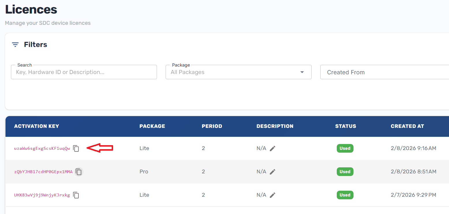 Licences page with the copy icon highlighted next to an available activation key