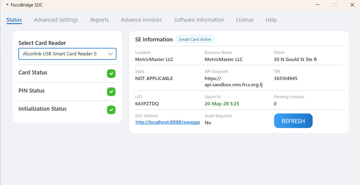 Status tab after successful initialization showing all fields populated