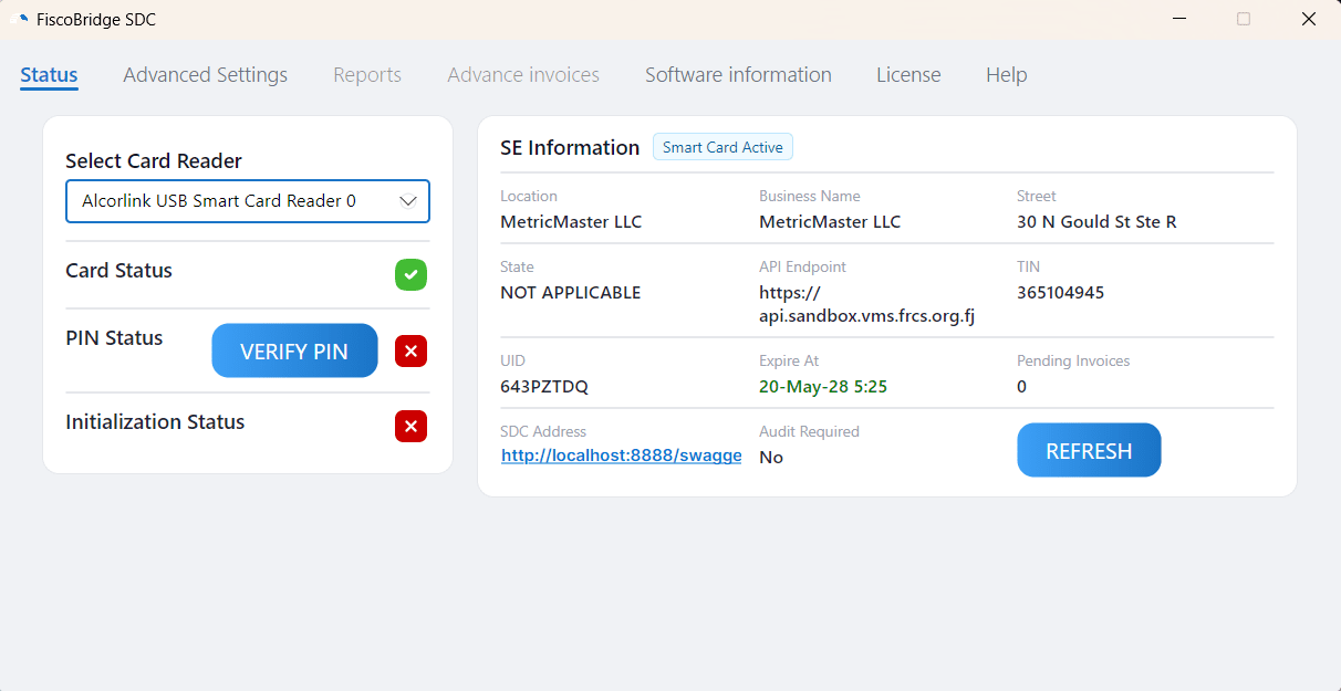 Status tab before initialization showing card detected but PIN not verified