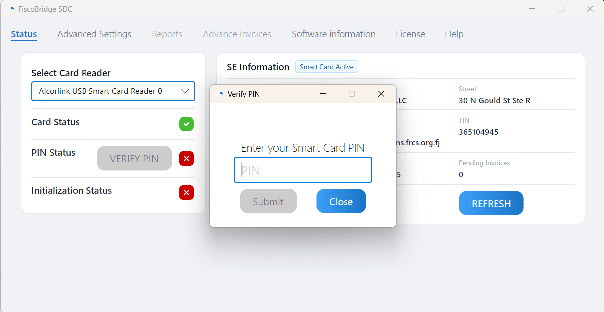 PIN verification dialog with a PIN input field and Verify button