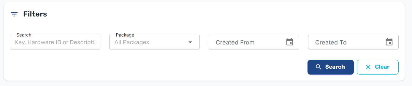 Filter bar at the top of the Licences page with search field, package dropdown, date range pickers, and status filter