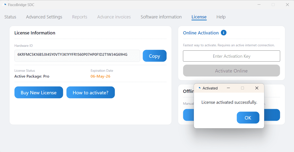 License tab showing successful activation with license details