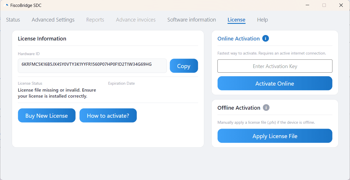 License tab in the SDC application showing the activation key input field