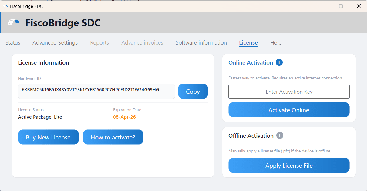License tab showing activation status and key input