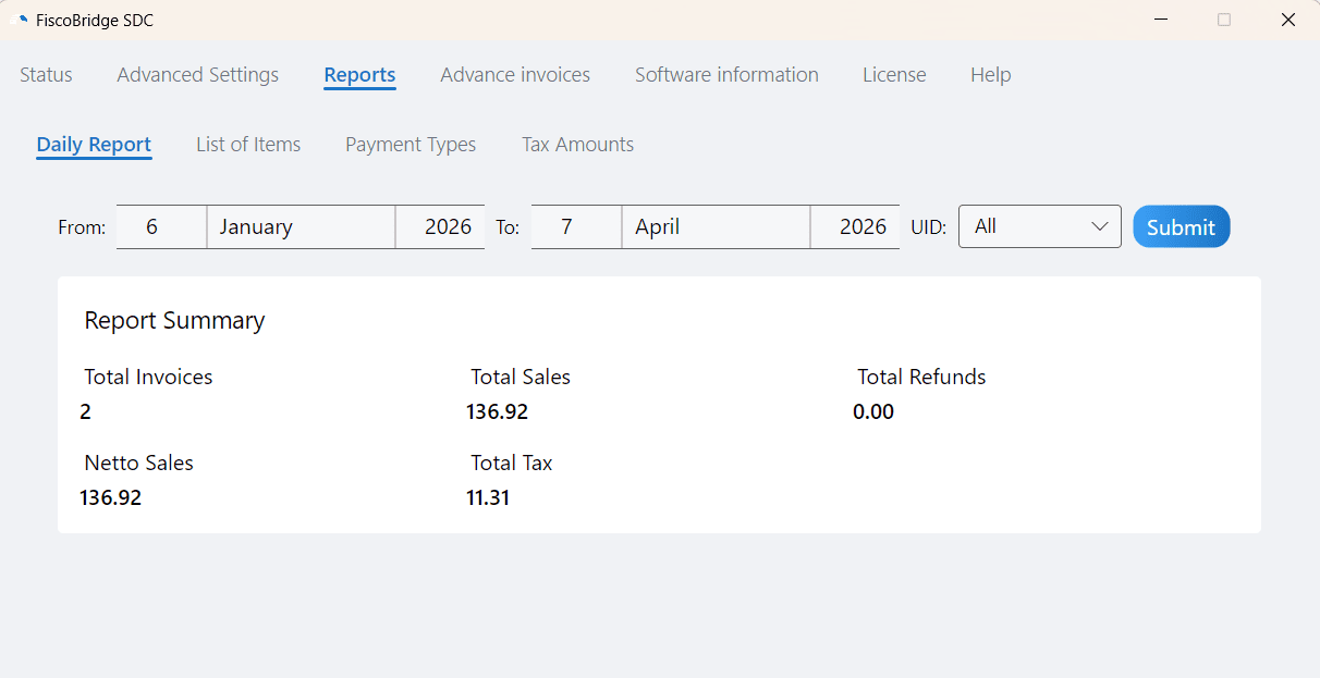 Daily Report showing sales summary