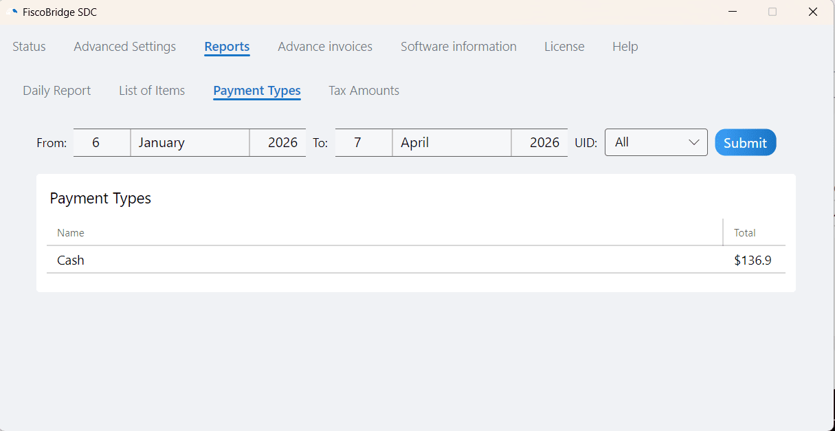 Payment Types report